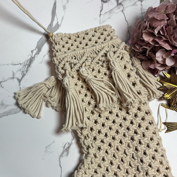 Macrame Cream White Bohemian Christmas Stocking - Picture 3 of 7